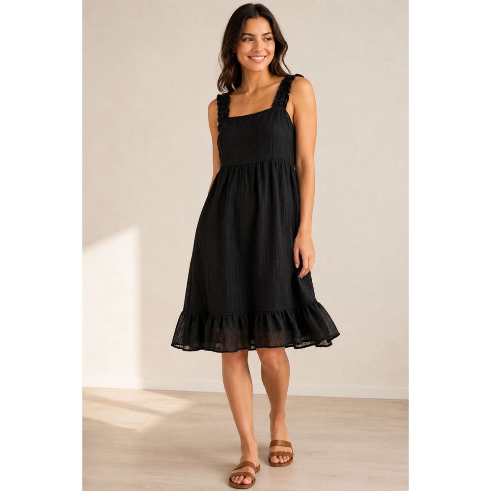 52seven Womens Size 12 Black Tiered Sleeveless Dress Sheer lined Midi Smocked H3